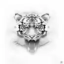 dynamic composition starting with a fierce tiger's face on your shoulder, its stripes blending into a background of swir tattoo design idea