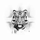 dynamic composition starting with a fierce tiger's face on your shoulder, its stripes blending into a background of swir tattoo design idea