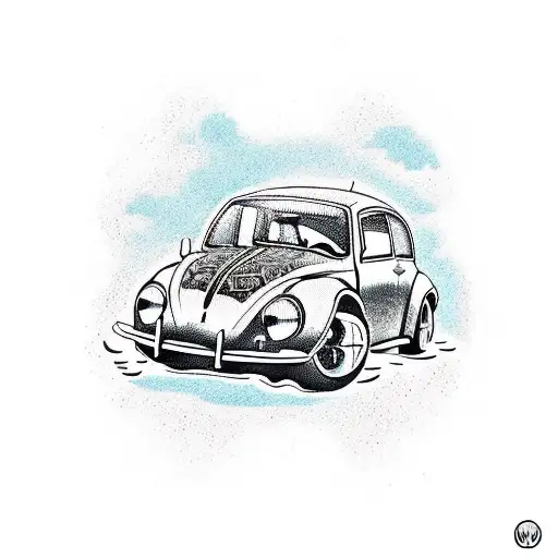 Dotwork illustration of a VW Beetle on a road trip tattoo design idea