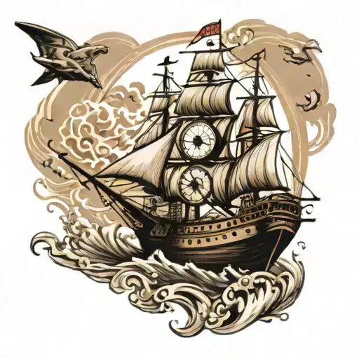 old vintage ship with waves, compass and UFOs flying in the background tattoo design idea