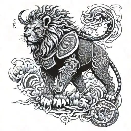 A lion wearing samurai armor, with a mix of anime and Japanese tattoo motifs tattoo design idea