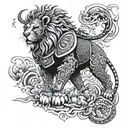 A lion wearing samurai armor, with a mix of anime and Japanese tattoo motifs tattoo design idea