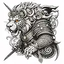 A lion wearing samurai armor, with a mix of anime and Japanese tattoo motifs tattoo design idea
