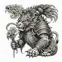 A lion wearing samurai armor, with a mix of anime and Japanese tattoo motifs tattoo design idea