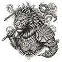 A lion wearing samurai armor, with a mix of anime and Japanese tattoo motifs tattoo design idea