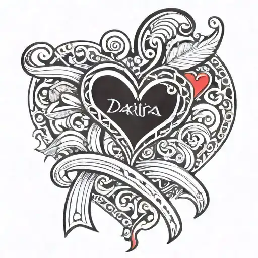 draw me a tattoo in the style of an old school. a heart with a ribbon on which the red name DARIA is written in beautifu tattoo design idea