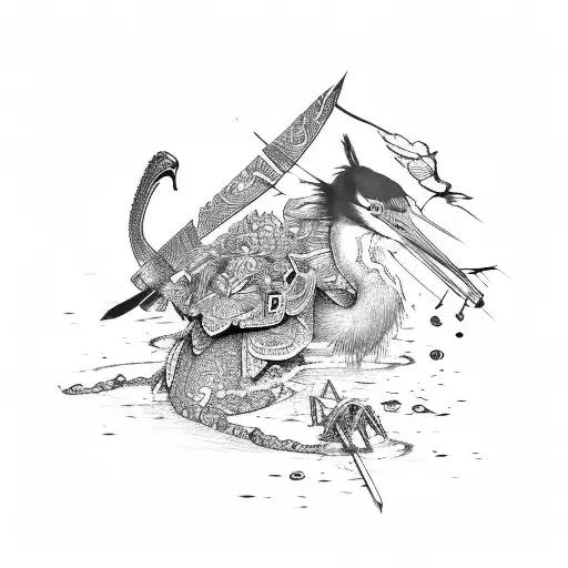 Japanese heron versus samurai toad tattoo design idea
