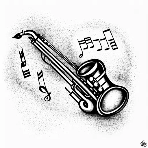black and white, old saxophone with sheet music flowing out tattoo design idea