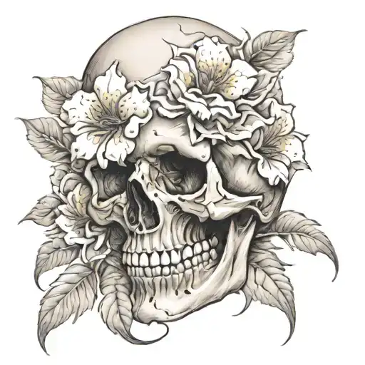 skull soft shading and flower blooming tattoo design idea