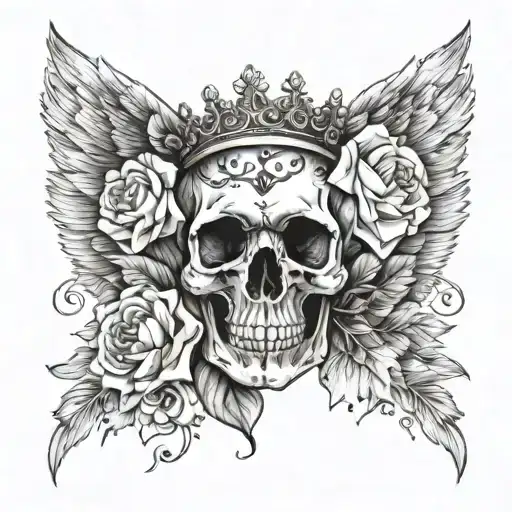feminine styled skull with crown flowers and angel wings tattoo design idea