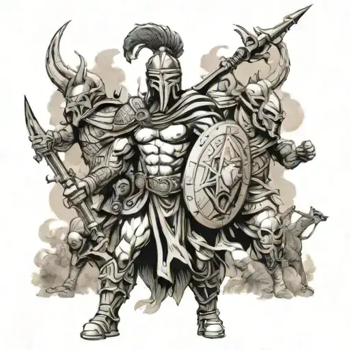 Ares, the Greek god of war, leading a battalion of soldiers in modern U.S. Army gear against a horde of demonic creatures tattoo design idea
