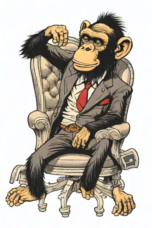 punk  chimpanzee with a mohawk wearing a three piece suit sitting in a leather chair  tattoo design idea