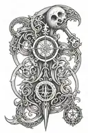 A unique design combining Hecate's torch, a skeleton key, and the triple moon phase symbol, representing guidance, protection, and cycles of life tattoo design idea