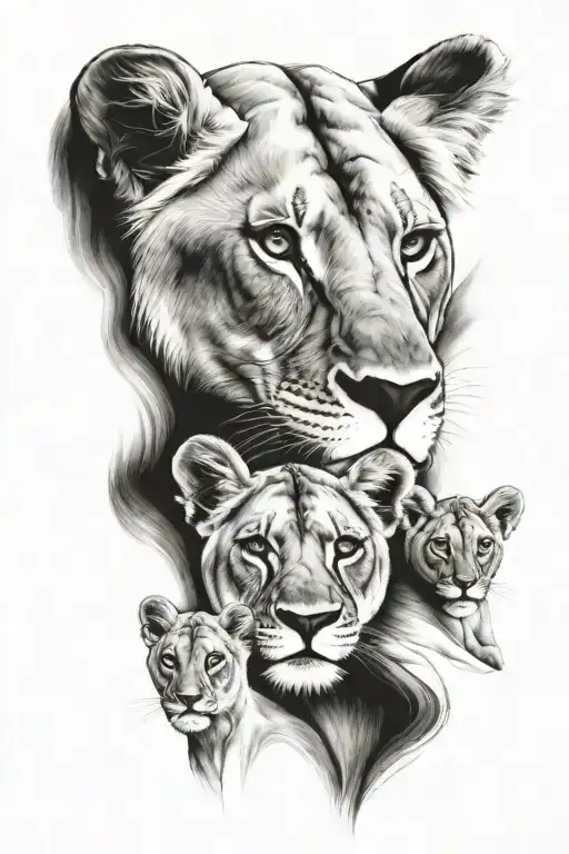 lioness and 3 cubs face only tattoo design idea