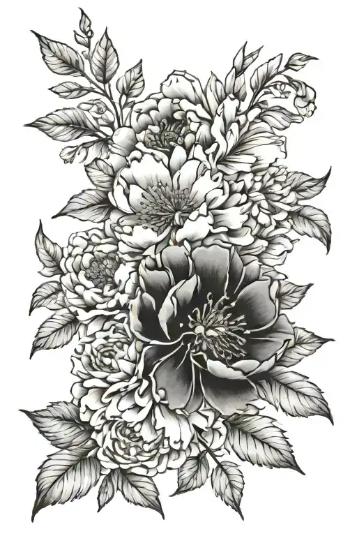 A tattoo with my parents and my sibling flowers, i want it on my left side of the back shoulder. The flowers are peony,  tattoo design idea