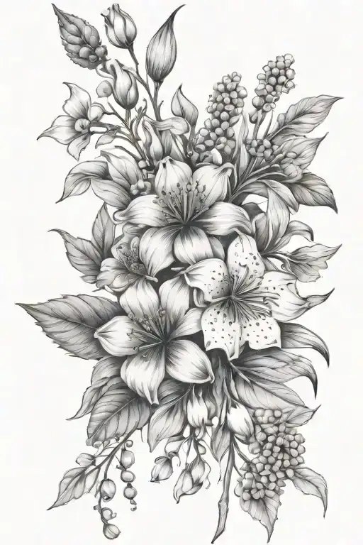 The flowers are blackberry, cherry twig, poppy, dandelion, lily of the valley.  Bound together  tattoo design idea