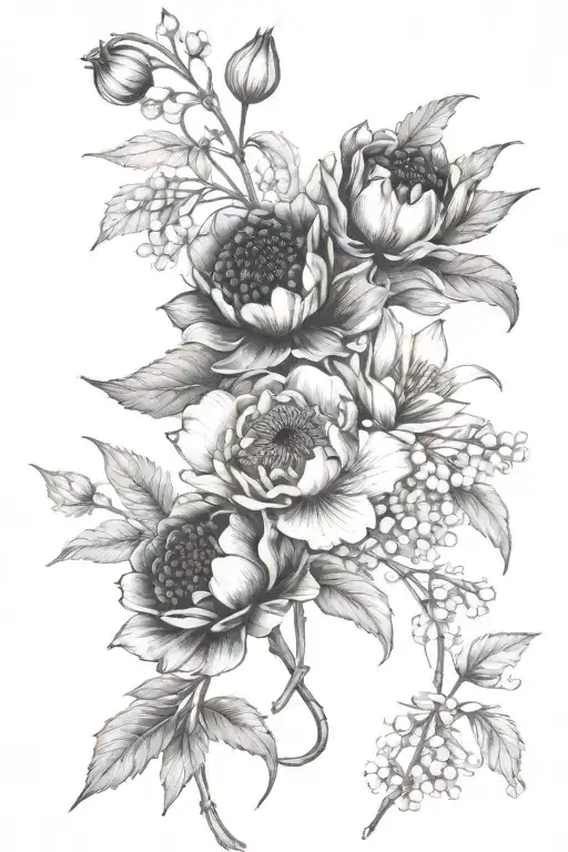 The flowers are blackberry, cherry twig, poppy, dandelion, lily of the valley.  My familys flowers tattoo design idea