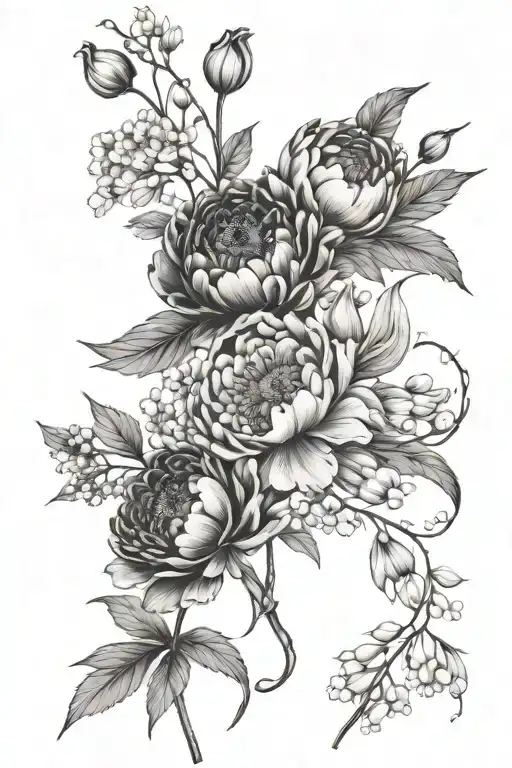 The flowers are peony, cherry, poppy, dandelion, lily of the valley.  My familys flowers tattoo design idea