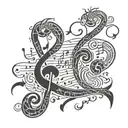 An intricate tattoo design combining musical notes and hieroglyphics from Egyptian mythology, with a focus on dancing figures tattoo design idea