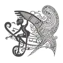 An intricate tattoo design combining musical notes and hieroglyphics from Egyptian mythology, with a focus on dancing figures tattoo design idea