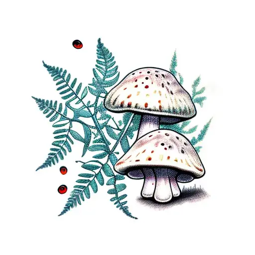 mushrooms fern berries tattoo design idea