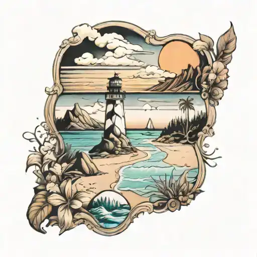 east coast beach scene mixed with appalachian mountain scene tattoo design idea
