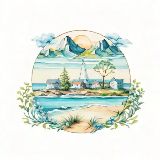 east coast beach scene mixed with appalachian mountain scene tattoo design idea