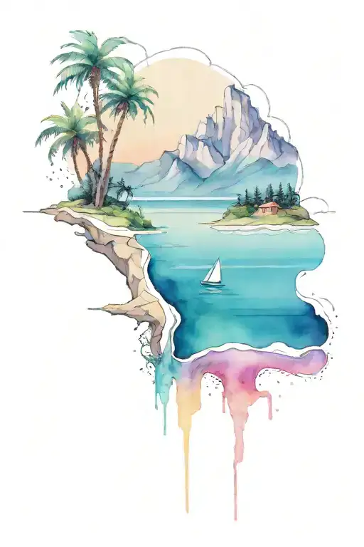 half beach and half mountains tattoo design idea