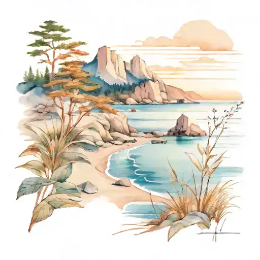 east coast beach scene mixed with appalachian mountain scene tattoo design idea