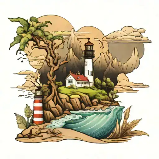 east coast beach scene with lighthouse mixed with appalachian mountain scene tattoo design idea