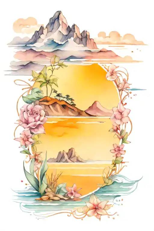 beach and mountains tattoo design idea