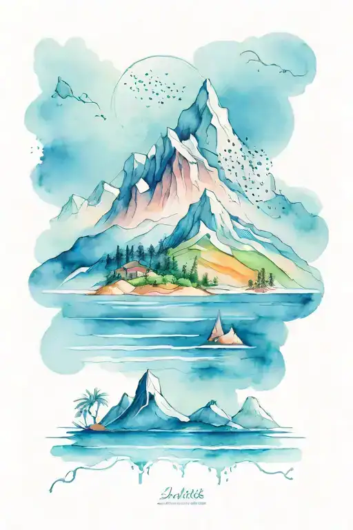 half beach and half mountains tattoo design idea