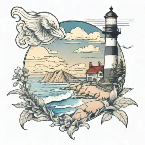 east coast beach scene with lighthouse mixed with appalachian mountain scene tattoo design idea