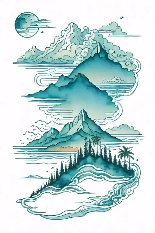 half beach and half mountains tattoo design idea