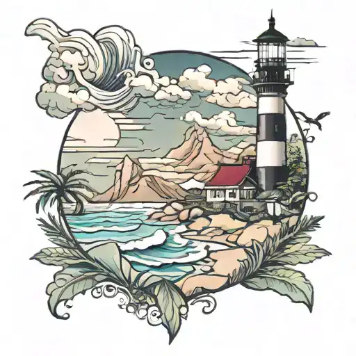 east coast beach scene with lighthouse mixed with appalachian mountain scene tattoo design idea