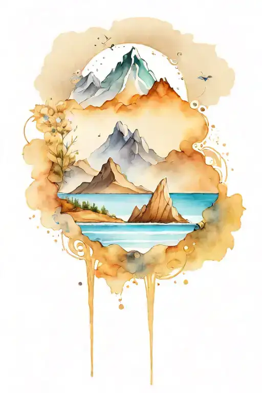 beach and mountains tattoo design idea