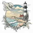east coast beach scene with lighthouse mixed with appalachian mountain scene tattoo design idea