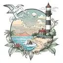 east coast beach scene with lighthouse mixed with appalachian mountain scene tattoo design idea