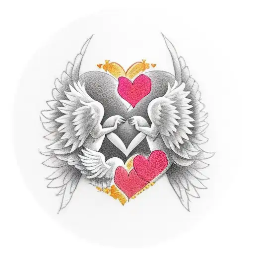 A romantic tattoo design symbolizing true love between a boy and a girl, inspired by the provided image. Imagine a pair of angels as baby cherubs embracing tenderly. Their wings intertwine, forming a winged heart. Below the angels, add the words 'Always Together' in a delicate typography. tattoo design idea