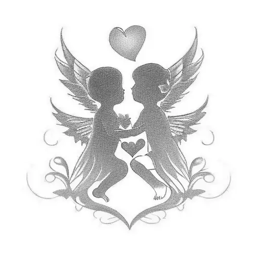 A romantic tattoo design symbolizing true love between a boy and a girl, inspired by the provided image. Imagine a pair of angels as baby cherubs embracing tenderly. Their wings intertwine, forming a winged heart. Below the angels, add the words 'Always Together' in a delicate typography. tattoo design idea