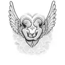 A romantic tattoo design symbolizing true love between a boy and a girl, inspired by the provided image. Imagine a pair of angels as baby cherubs embracing tenderly. Their wings intertwine, forming a winged heart. Below the angels, add the words 'Always Together' in a delicate typography. tattoo design idea