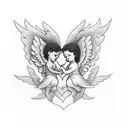 A romantic tattoo design symbolizing true love between a boy and a girl, inspired by the provided image. Imagine a pair of angels as baby cherubs embracing tenderly. Their wings intertwine, forming a winged heart. Below the angels, add the words 'Always Together' in a delicate typography. tattoo design idea