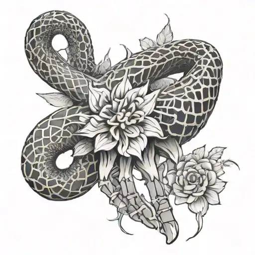 A tattoo of a snake weaving through a skeletal hand, surrounded by intricate flower patterns tattoo design idea