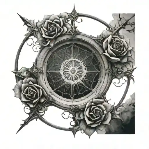 A unique interpretation of a rose window incorporating elements of a figure and lightning tattoo design idea
