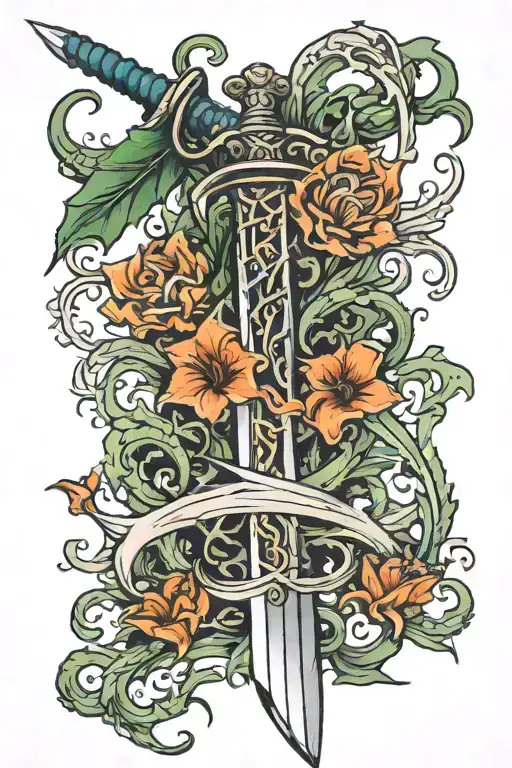 sword with seaweed tattoo design idea