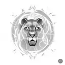 roaring lion split in two with lighting like edges. in the split section a silhouette of a mother holding a baby tattoo design idea