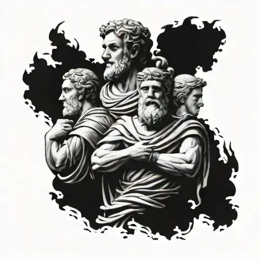 a tattoo full sleeve of stoic heroes in statue form including plato, socrates, alexander the great, julius ceasar, arist tattoo design idea