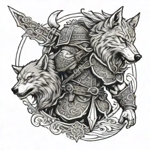 A viking warrior with a wolf companion tattoo design idea