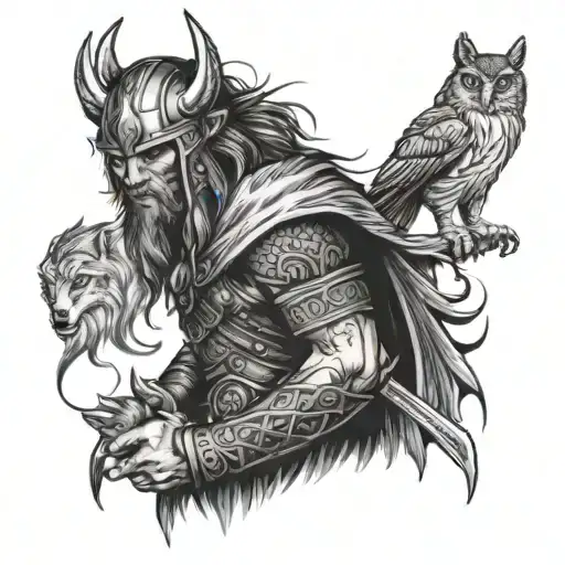 A viking warrior with a wolf and owl as his spirit animals tattoo design idea