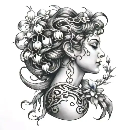 side profile Medusa holding and looking at a lily of the valley tattoo design idea